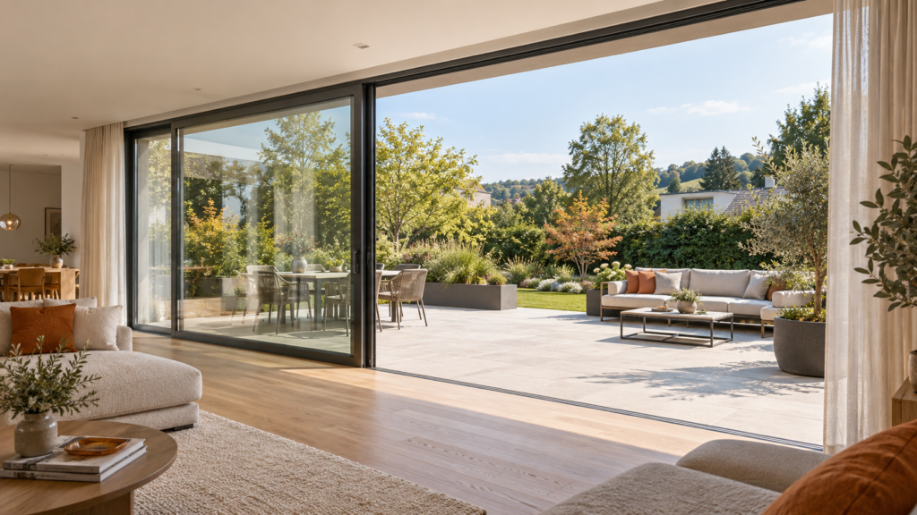 Panoramic glazing and threshold free exit to the terrace